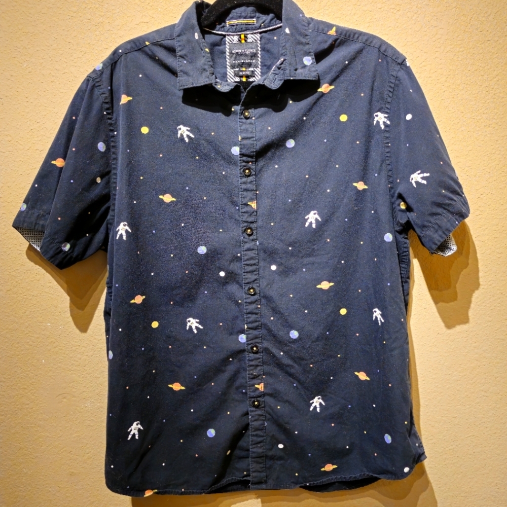 Denim & Flower Black Casual Button Down Shirt w Celestial Space Design Size XL